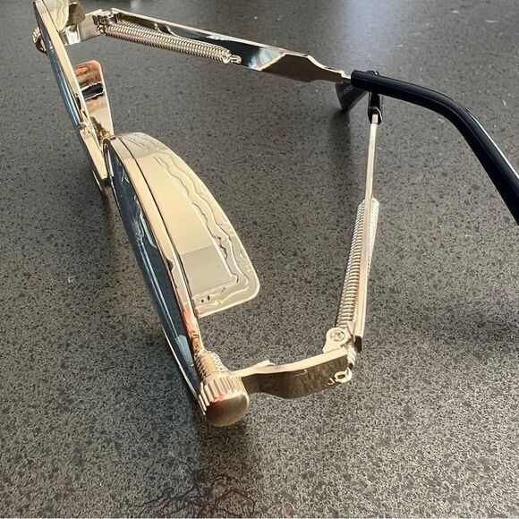 HIGH INTELLECT Round Sunglasses Retro Steampunk In Gold Frame Blue Lenses. - Picture 4 of 7